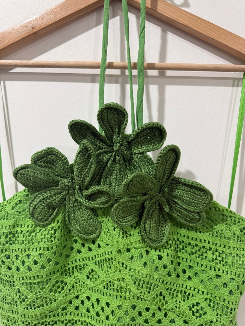 Farm Rio for Anthropologie Green Crochet Floral Halter Mini Dress Size M NWT - Picture 9 of 15